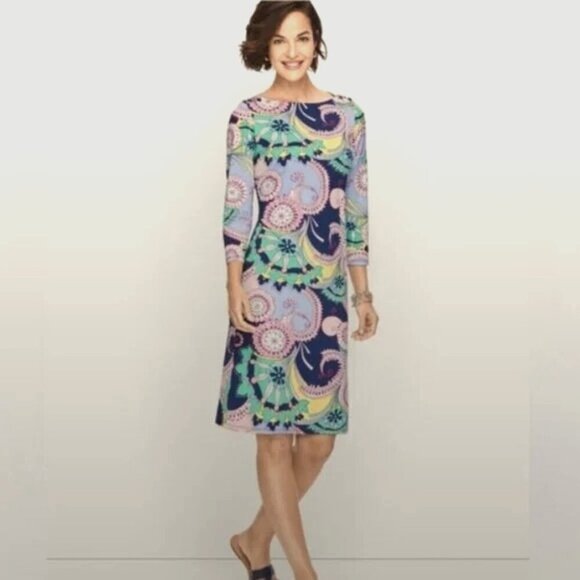 Talbots Jersey Paisley Shift Dress Size P. 3/4 Sleeve Boat Neck    SKU 11 - Picture 6 of 12